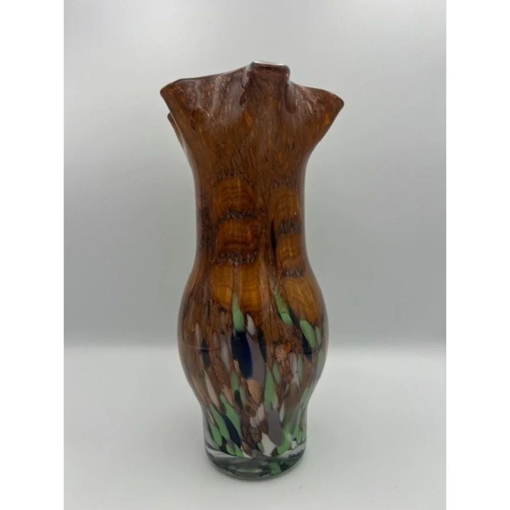 Hand Blown Art Glass Murano Style Ruffled Vase Wood Grain Confetti Amber 11.5